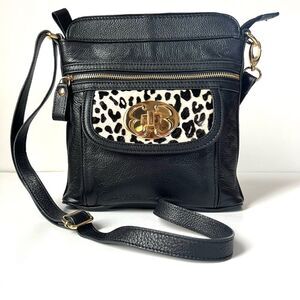Emma Fox Black Leather Crossbody Bag with Leopard Accent and Gold Hardware
